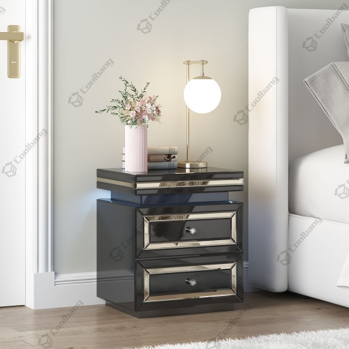 New Design Bedroom Furniture Black Glass Mirrored Bedside Table Nightstand