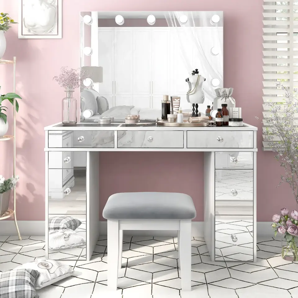 Wholesale Modern Bedroom Beauty Store Makeup Vanity Table With Mirror And Chair