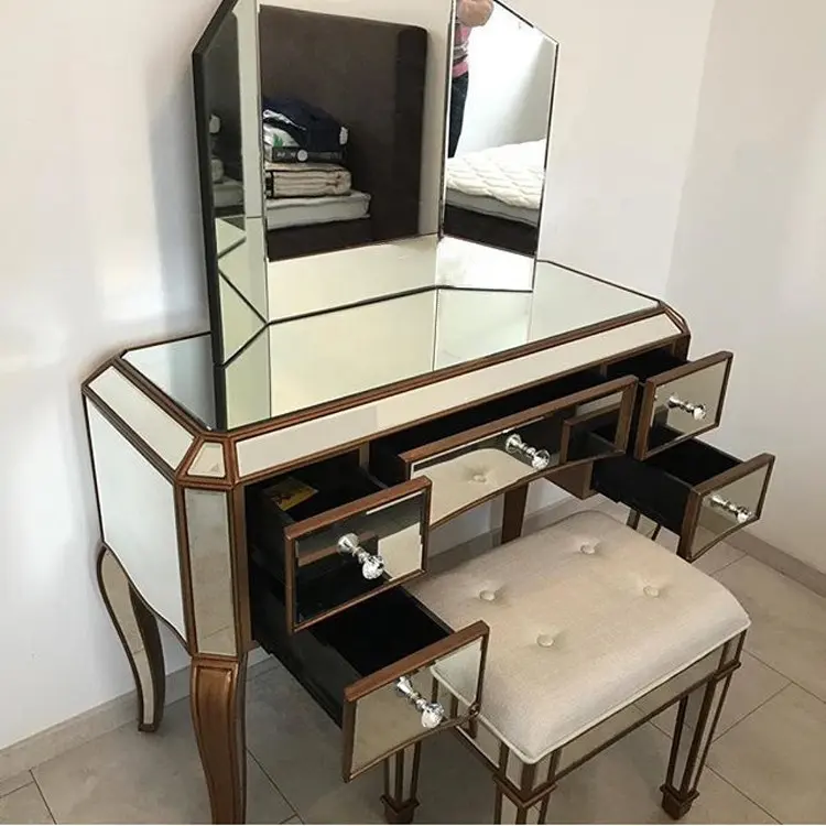 Coolbang Luxury Bedroom Furniture 4 Drawer French Dressing Table With Mirror And Stool