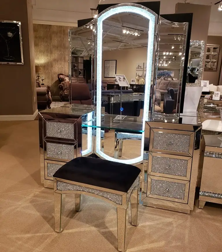 Hot Sell Excellent Quality MDF Bedroom Mirrored Furniture Dressing Table Makeup Vanity With Led Lighted Makeup Mirror