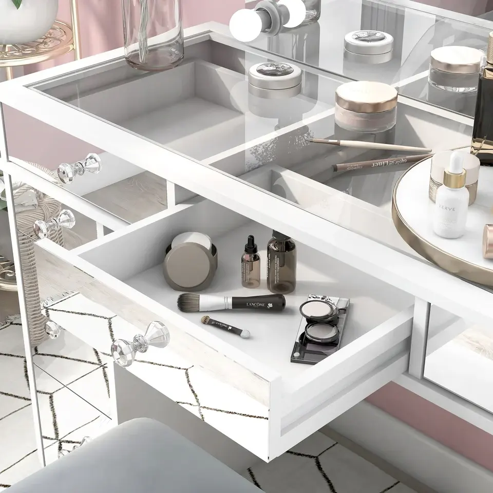 Customizable Bedroom Furniture White Solid Wood Mirror Light USB Socket 3-Piece Vanity Salon Dressing Table Set