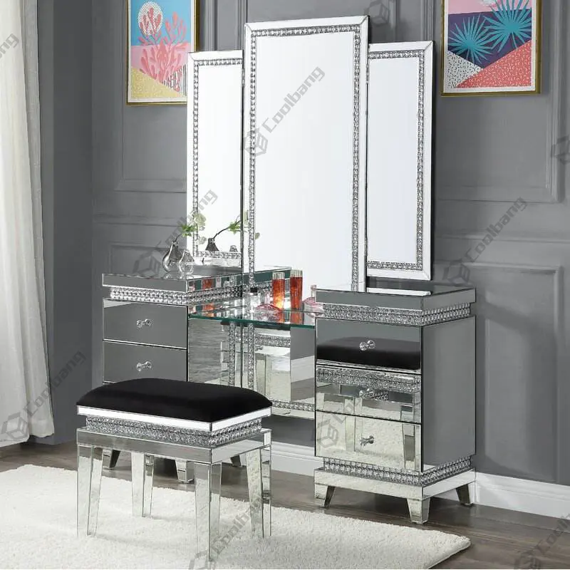 Hot Sell Excellent Quality MDF Bedroom Mirrored Furniture Dressing Table Makeup Vanity With Led Lighted Makeup Mirror