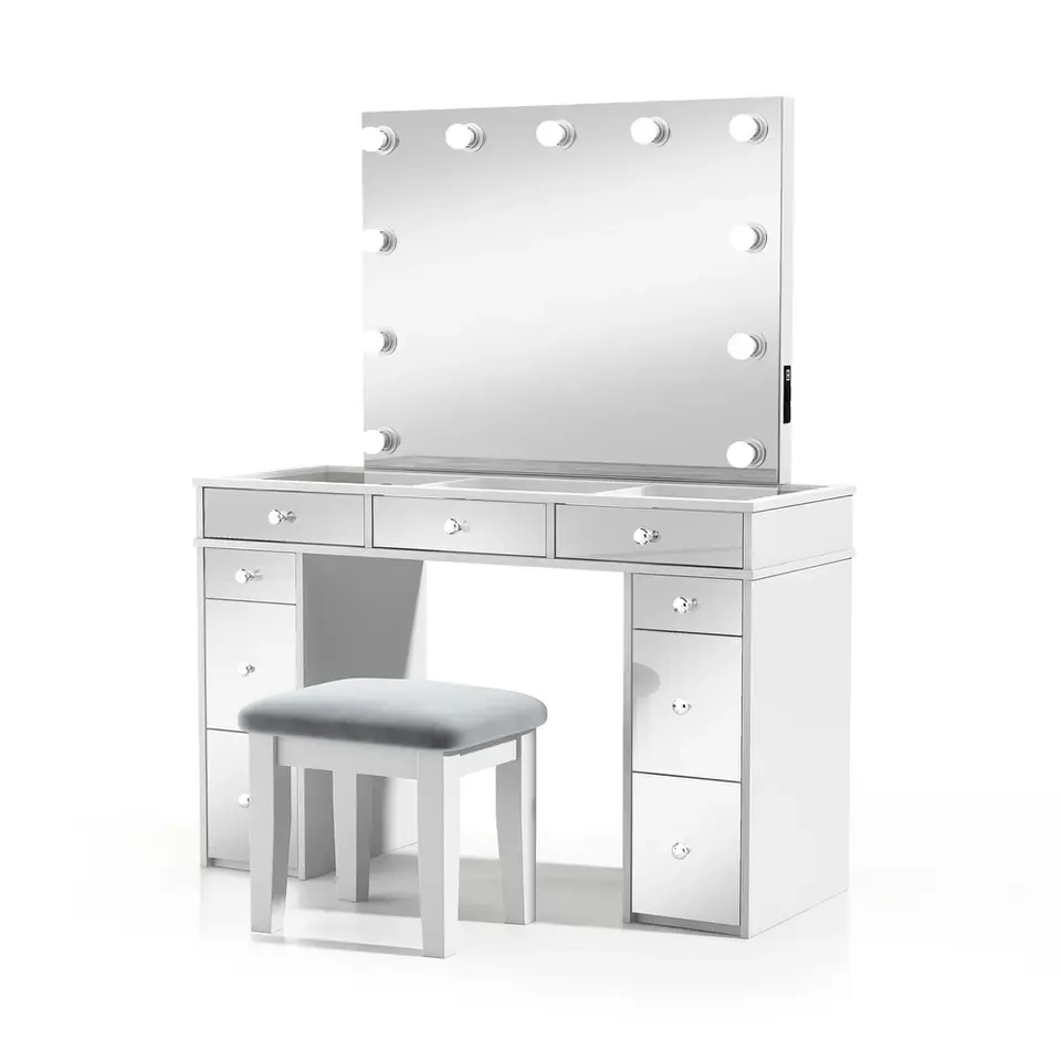 Customizable Bedroom Furniture White Solid Wood Mirror Light USB Socket 3-Piece Vanity Salon Dressing Table Set