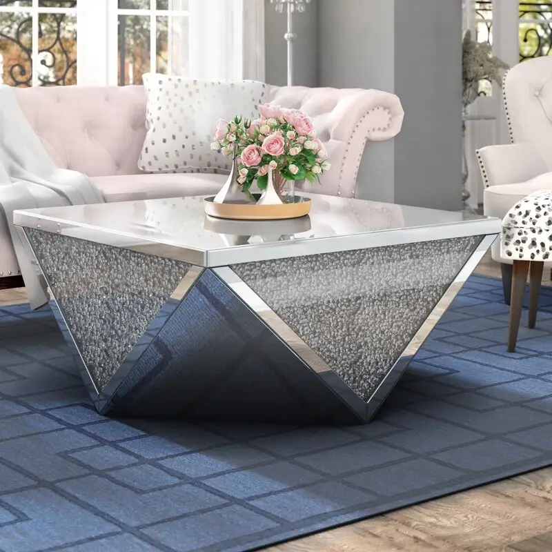 Modern Living Room Vanity Crushed Diamond Mirrored Coffee Table