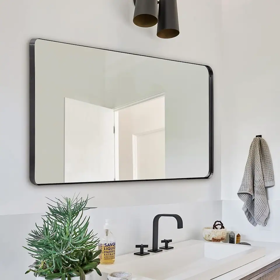 Glass Panel Rounded Corner Hangs Horizontal Or Vertical Bath Room Mirror Square Shaped Bath Mirror For Bathroom