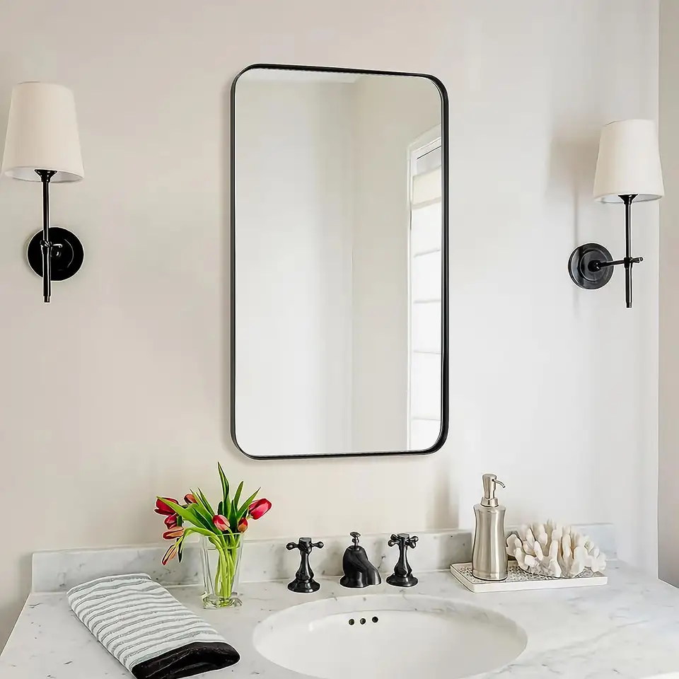 Glass Panel Rounded Corner Hangs Horizontal Or Vertical Bath Room Mirror Square Shaped Bath Mirror For Bathroom
