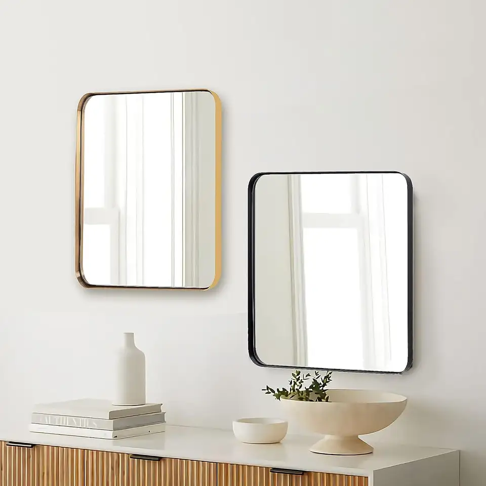 Glass Panel Rounded Corner Hangs Horizontal Or Vertical Bath Room Mirror Square Shaped Bath Mirror For Bathroom