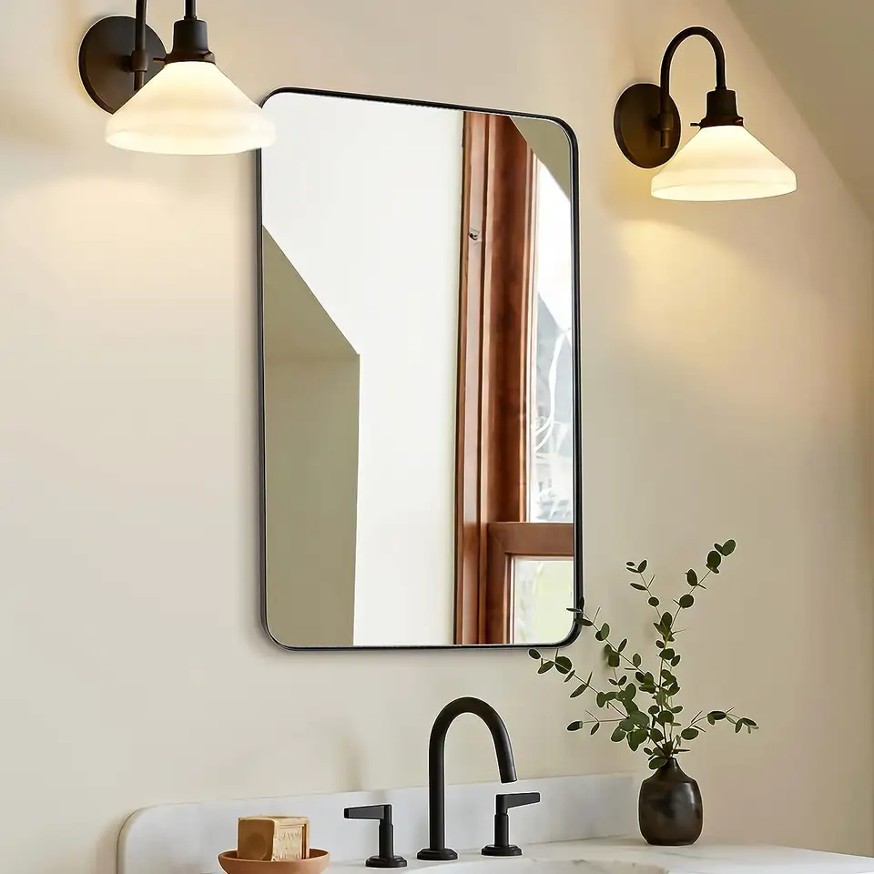 Coolbang Black Metal Frame Mounted Bathroom Mirror Decorative Bath Mirrors Wall Mirror for Bathroom