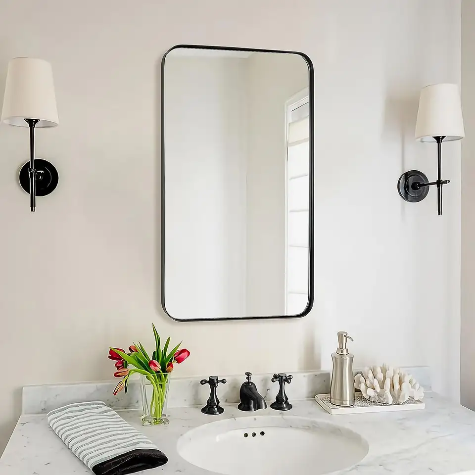 Coolbang Black Metal Frame Mounted Bathroom Mirror Decorative Bath Mirrors Wall Mirror for Bathroom