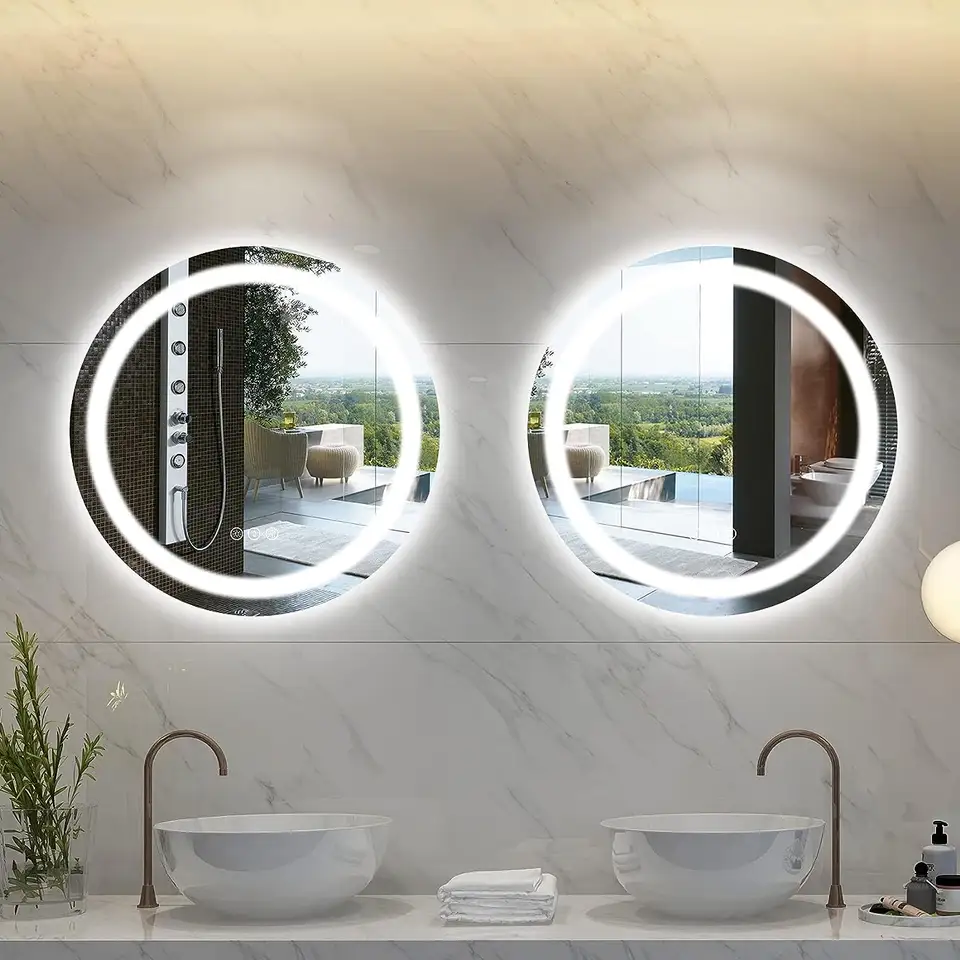 Round LED Bathroom Mirror Dimmable Shatter-Proof Frameless Anti-Fog Makeup Vanity Backlit Mirrors With Front And Back Lights