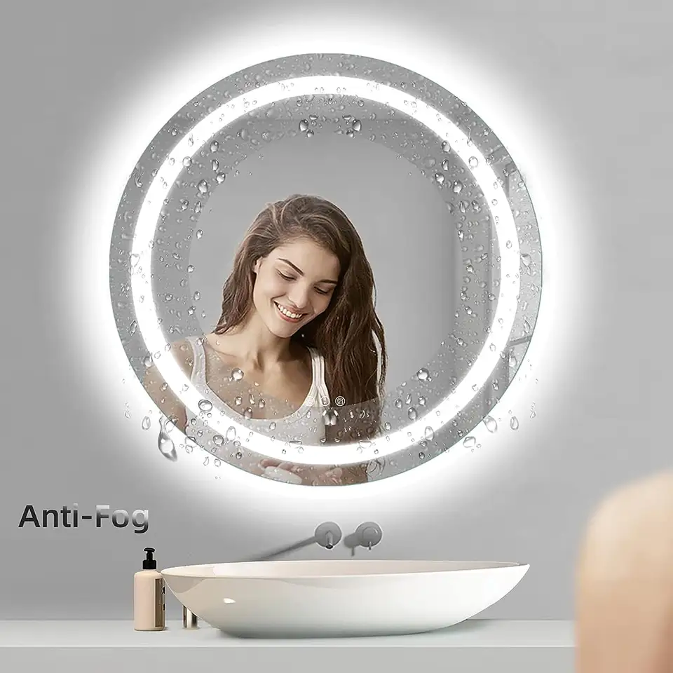 Round LED Bathroom Mirror Dimmable Shatter-Proof Frameless Anti-Fog Makeup Vanity Backlit Mirrors With Front And Back Lights