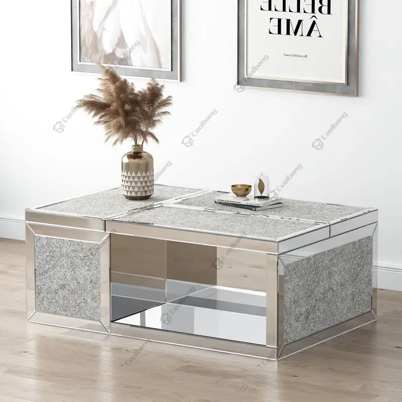 Multifunctional Height Adjustable Mirrored Square End Table Lift Top Coffee Table For Living Room