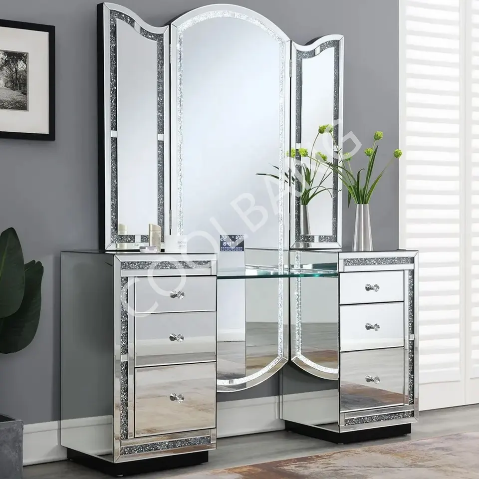 New Sparkle Crushed Diamond Drawers Hollywood Dressing Table Vanity Desk with LED Light Makeup Mirror Set