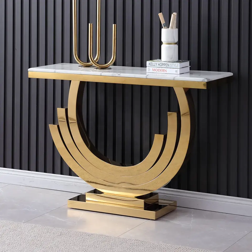 Elegant Stainless Steel Living Room Furniture Metal Console Table With Marble Top