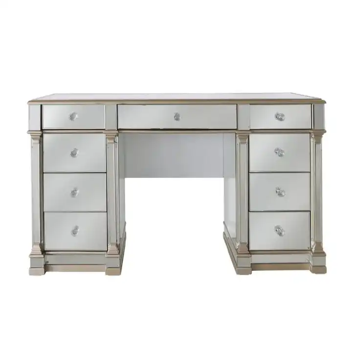 Contemporary 9 Drawers Grooming Table Mirrored Double Pedestal Dressing Table With Crystal Handle