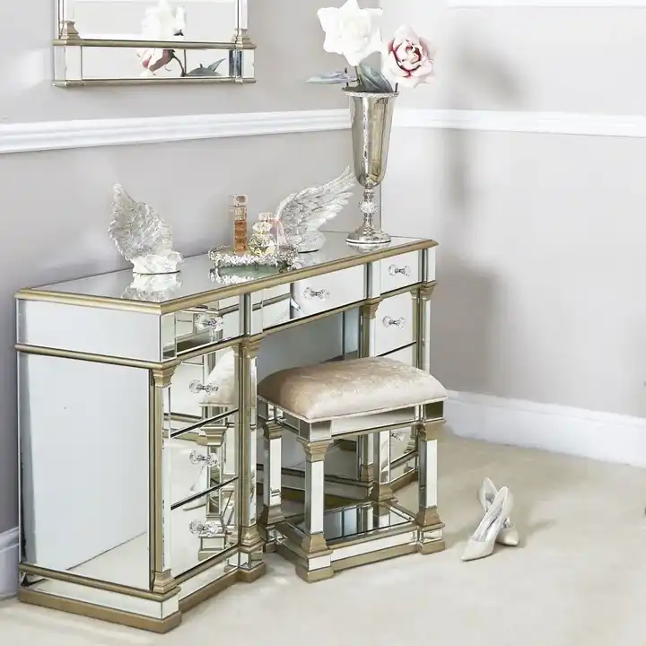 Contemporary 9 Drawers Grooming Table Mirrored Double Pedestal Dressing Table With Crystal Handle