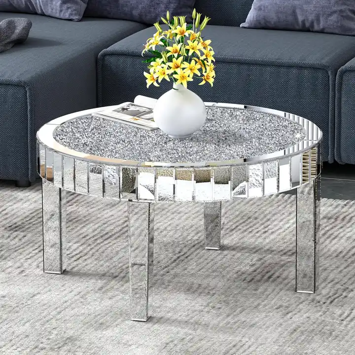 Living Rooms Bedrooms Decor 31.5'' Modern Mirrored Round Coffee Table Wood With Crystal Inlay