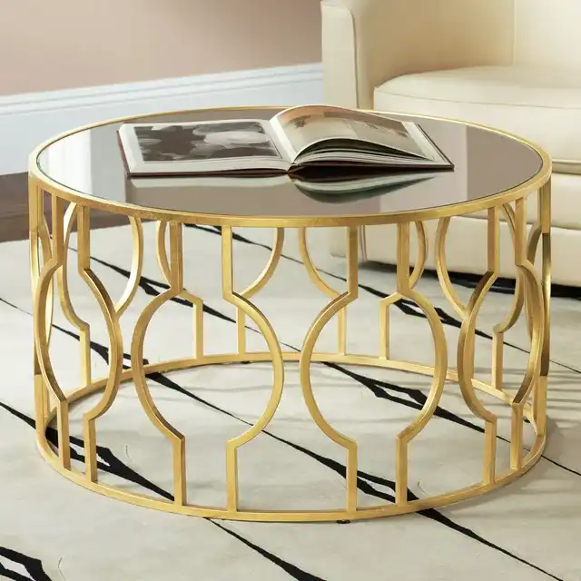 Modern Metal Round Coffee Table Wide Gold Leaf Mirrored Glass Tabletop Furniture Office Metal Frame Center Coffee Table