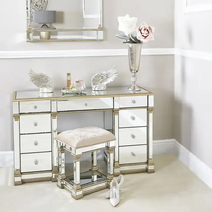 Ornate Details Hollywood-inspired Grooming Table Mirrored Panels Makeup Vanity Dressing Stand