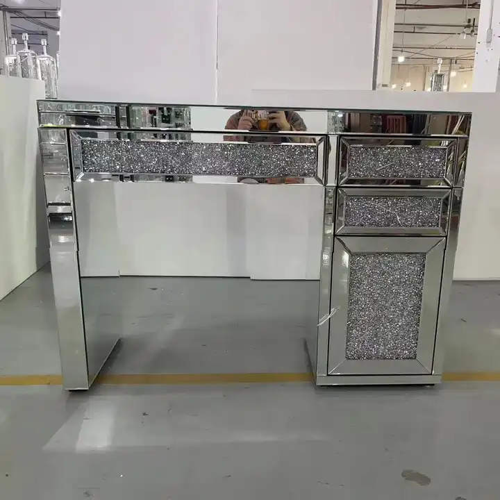 Modern Luxury Bedroom Furniture Crushed Diamond Mirrored Dressers Vanity Table