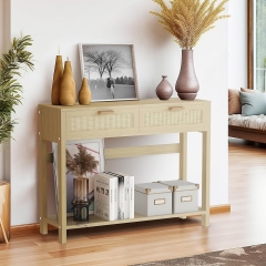 Bohemian Chic Oak Rattan Wabi-Sabi Living Room 2 Drawer Entryway Console Table With Open Shelf