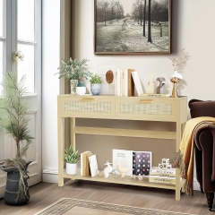 Bohemian Chic Oak Rattan Wabi-Sabi Living Room 2 Drawer Entryway Console Table With Open Shelf
