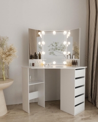 Modern Bedroom Led Light Corner Vanity Makeup Desk Dressing Table With Mirror And 5 Drawer