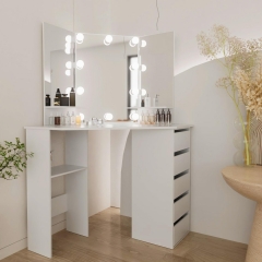 Modern Bedroom Led Light Corner Vanity Makeup Desk Dressing Table With Mirror And 5 Drawer