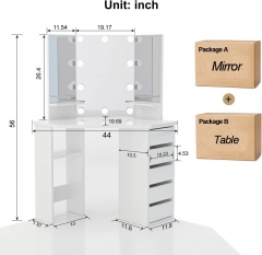 Modern Bedroom Led Light Corner Vanity Makeup Desk Dressing Table With Mirror And 5 Drawer