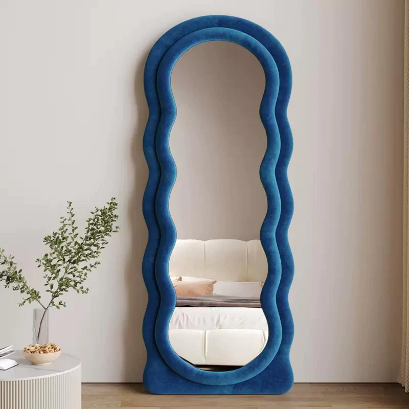 Modern Wavy Shape Flannel Frame Decorative Full Body Mirror Photo Booth Mirror For Bedroom