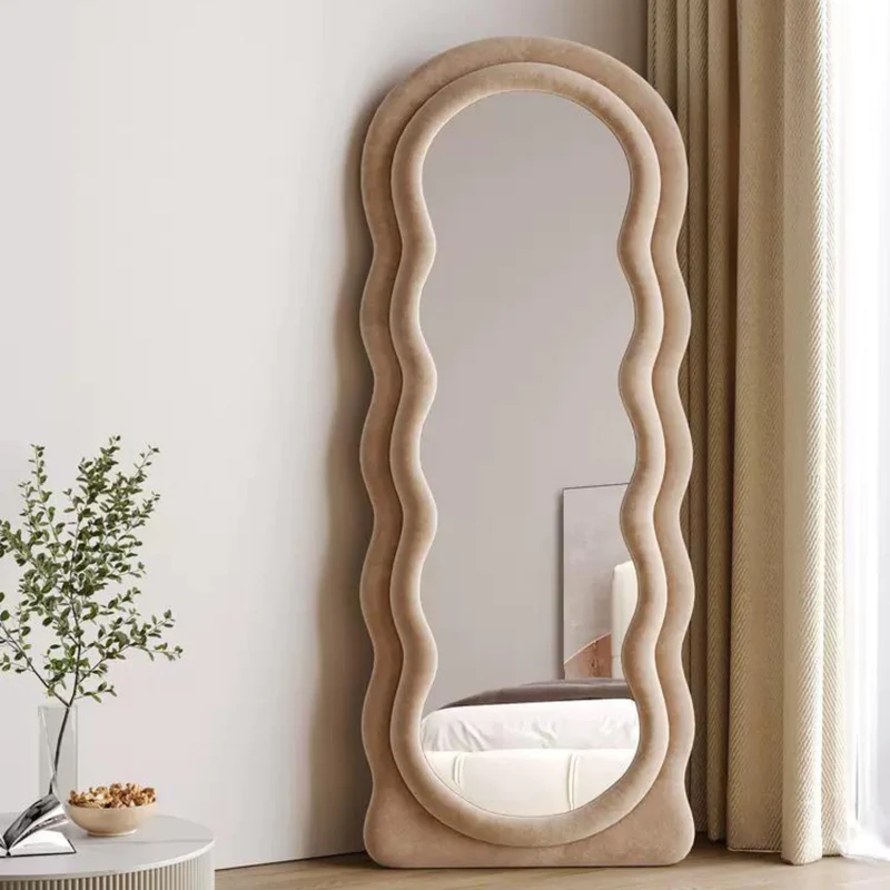 Modern Wavy Shape Flannel Frame Decorative Full Body Mirror Photo Booth Mirror For Bedroom