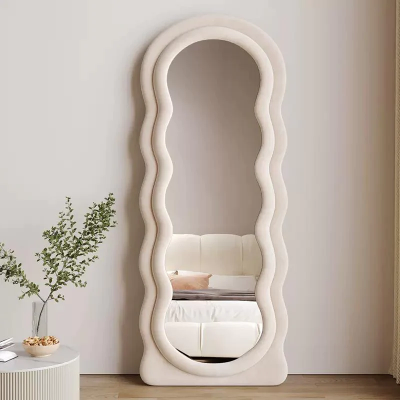 Modern Wavy Shape Flannel Frame Decorative Full Body Mirror Photo Booth Mirror For Bedroom