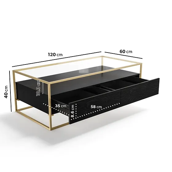Modern Black 2 Drawer Glass Top Tea Table Gold Plated Steel Frame Coffee Center Table For Living Room