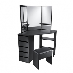 Corner Dressing Table Black Makeup Desk With 3 Angle Mirror And 5 Drawers With Cushioned Stool