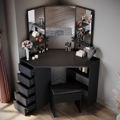 Corner Dressing Table Black Makeup Desk With 3 Angle Mirror And 5 Drawers With Cushioned Stool