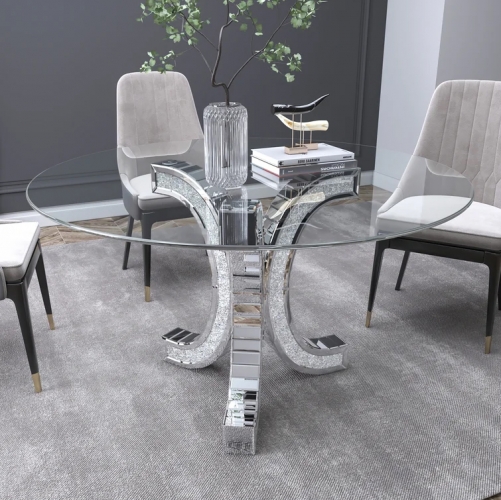 52'' Mirrored Glass Pedestal Dining Table with Tempered Glass Tabletop