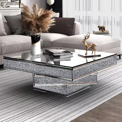 Factory Wholesale Silver Glass Top Crushed Diamond Mirrored Coffee Table