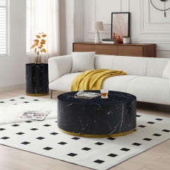 Modern Wooden Cylindrical Gold Metal Base Coffee Table Black Marble Center Tea Table Cocktail Table With Texture Design
