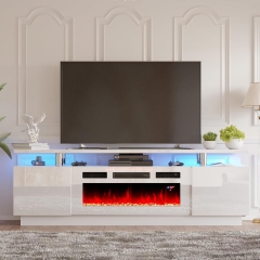 Coolbang Living Room High Gloss Tv Stand Entertainment Center LED Lights Tv Unit With Electric Fireplace