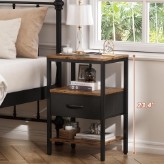 Rustic Style 3-Tier Storage End Table Bedroom Nightstand with Charging Station And Adjustable Fabric Drawer