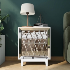 Modern Glass Table White Bedside Table End Table Mirrored Nightstand With 2-Drawers