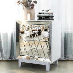 Modern Glass Table White Bedside Table End Table Mirrored Nightstand With 2-Drawers