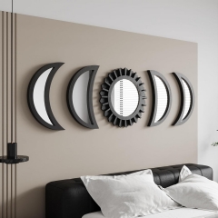 Bohemian 5 Pcs Wooden and Glass Mirror Wall Decor Moon Phase Mirror Set for Bedroom