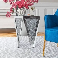 Living Room Small Silver Mirrored End Table Crystal Inlay Accent Side Table Corner Mirrored Coffee Table