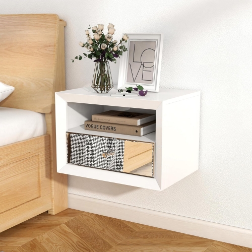 Modern White Mirrored End Table Floating Nightstand Wall Mounted Bedside Table with Drawer for Bedroom