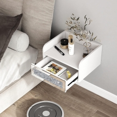 Modern White Silver Crushed Diamond End Table Floating Side Table Wall Mounted Mirrored Nightstand with Drawer