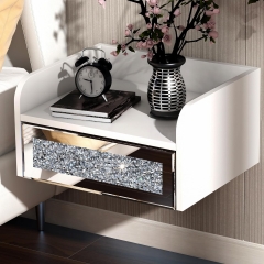 Modern White Silver Crushed Diamond End Table Floating Side Table Wall Mounted Mirrored Nightstand with Drawer