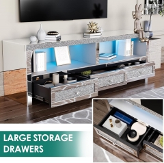 Modern Silver Crushed Diamond Mirrored TV Stand with LED Light Drawers & Open Storage Center