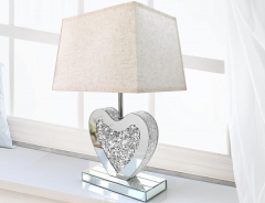Beige Linen Rectangular Shade Heart Shaped Crystal Diamond Silver Mirror Base Mirrored LED Table Lamp