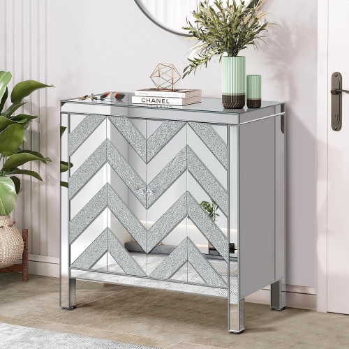 Modern Buffet Sideboard Console Table Mirrored Accent Storage Cabinet with M Shape Decorative Mirror Door